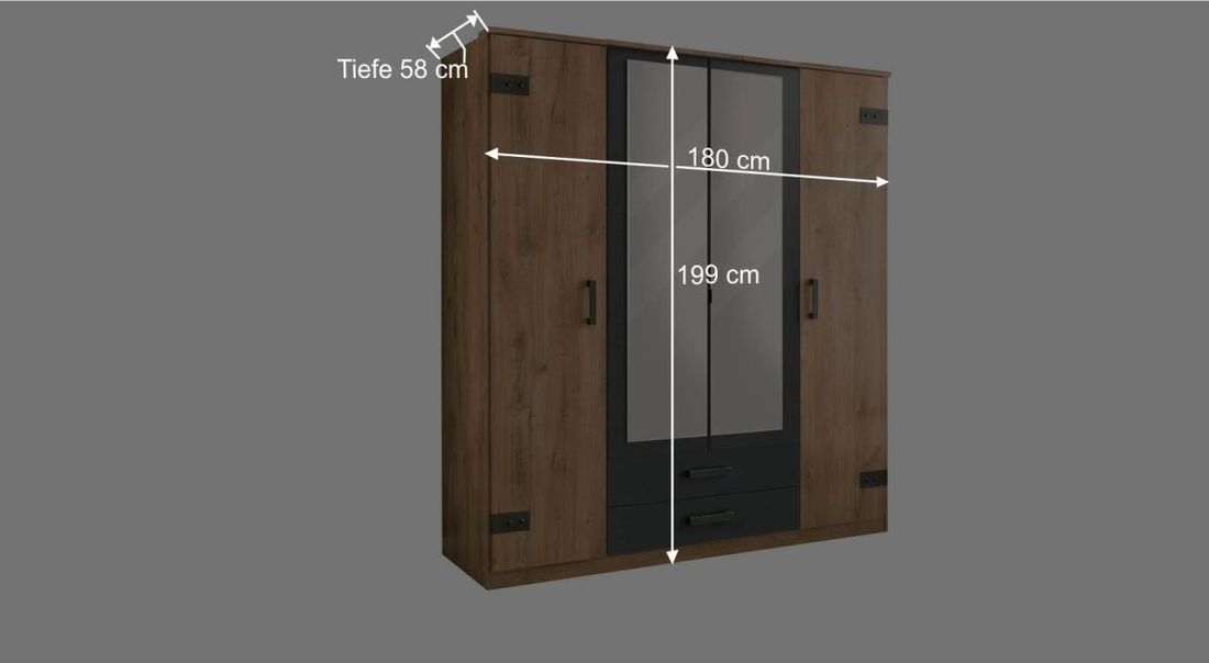 Drehtüren-Kleiderschrank Borlotto Eiche Dekor mit Schubladen mit Innenausstattung H 199cm