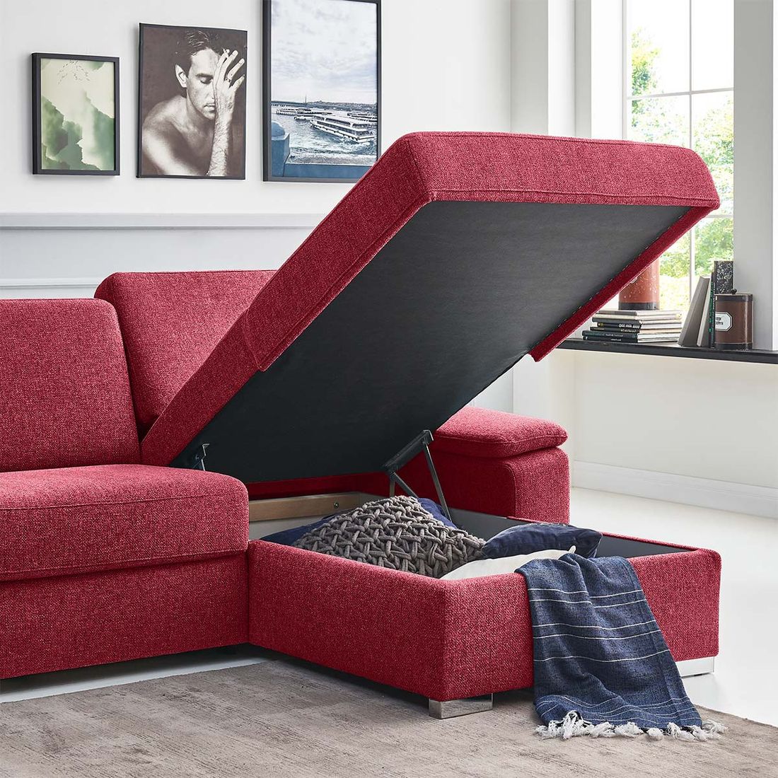 Eck-Schlafsofa Cesio Velours/Webstoff mit Lattenrost und Bettkasten Ottomane rechts
