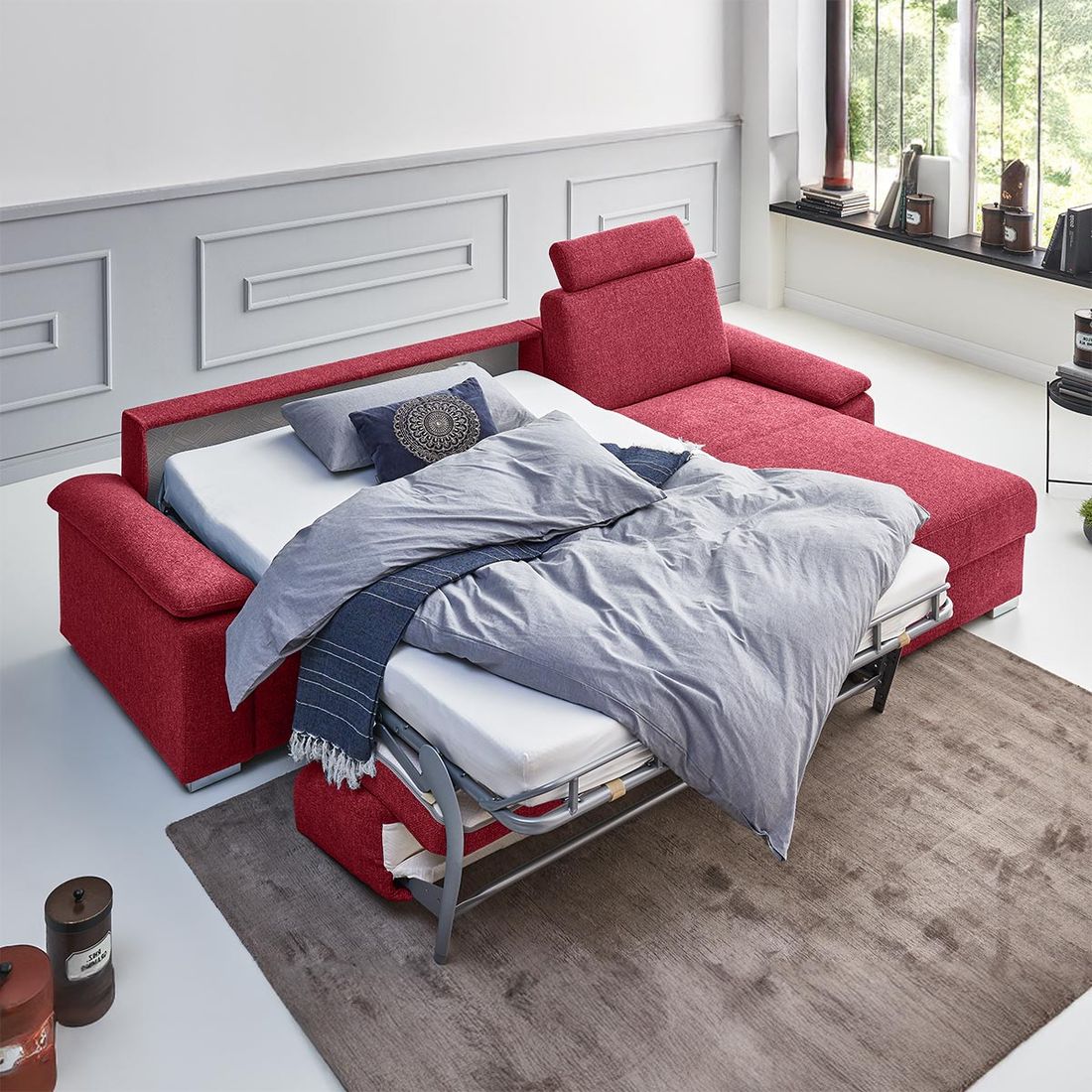 Eck-Schlafsofa Cesio Velours/Webstoff mit Lattenrost und Bettkasten Ottomane rechts