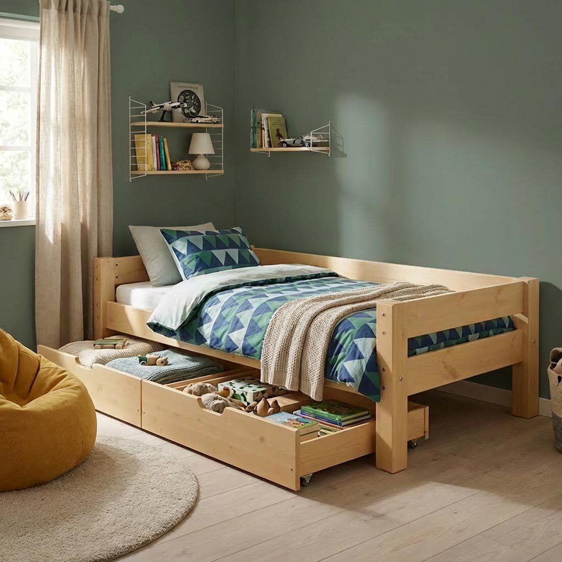 Bett Kids Fantasy Buche Massivholz mit Lattenrost und Schubkasten 90x200cm