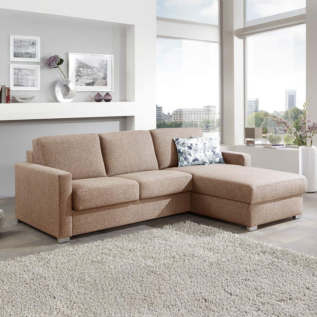 Eck-Schlafsofa Lelio Webstoff mit Lattenrost und Bettkasten Ottomane rechts