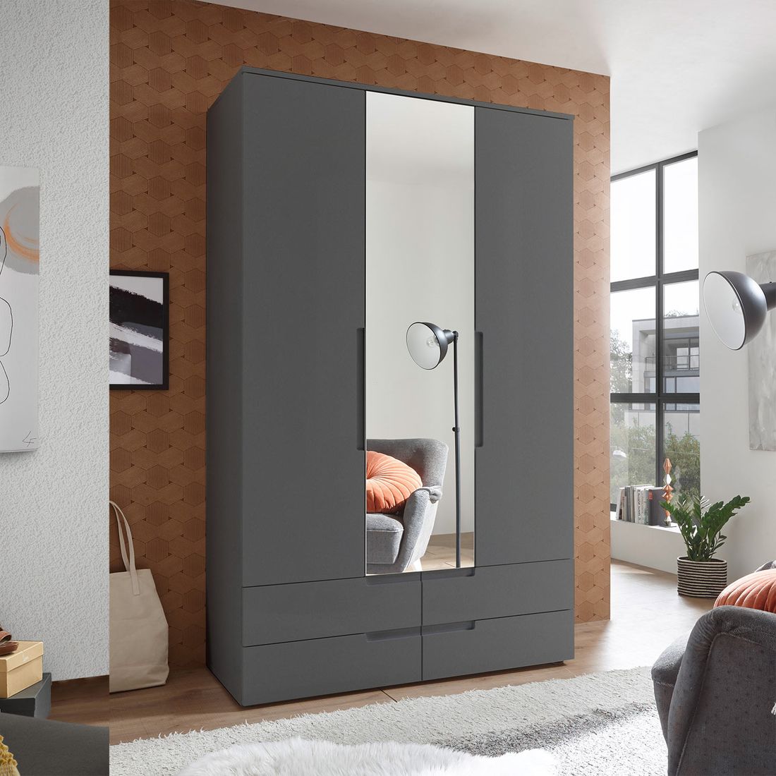 Drehtüren-Kleiderschrank Oradea mit Spiegel und Schubladen