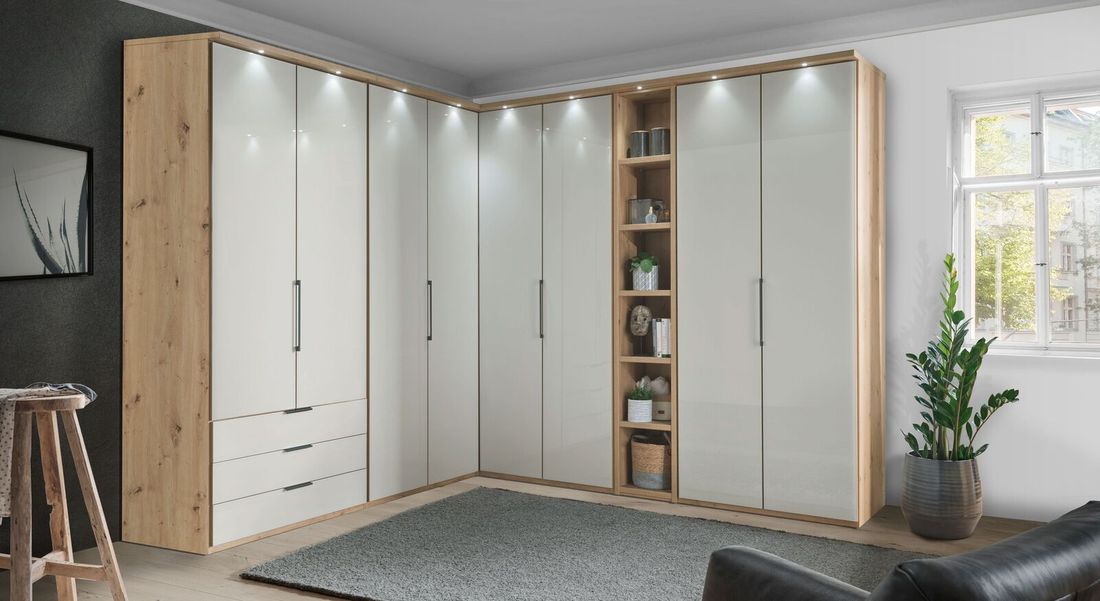 Eck-Kleiderschrank Estiva Eiche Dekor mit Glasfront
