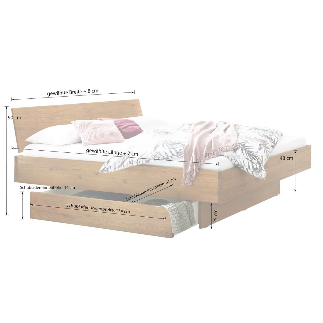 Bett Virella Komfort Wildeiche Massivholz mit Schubkasten