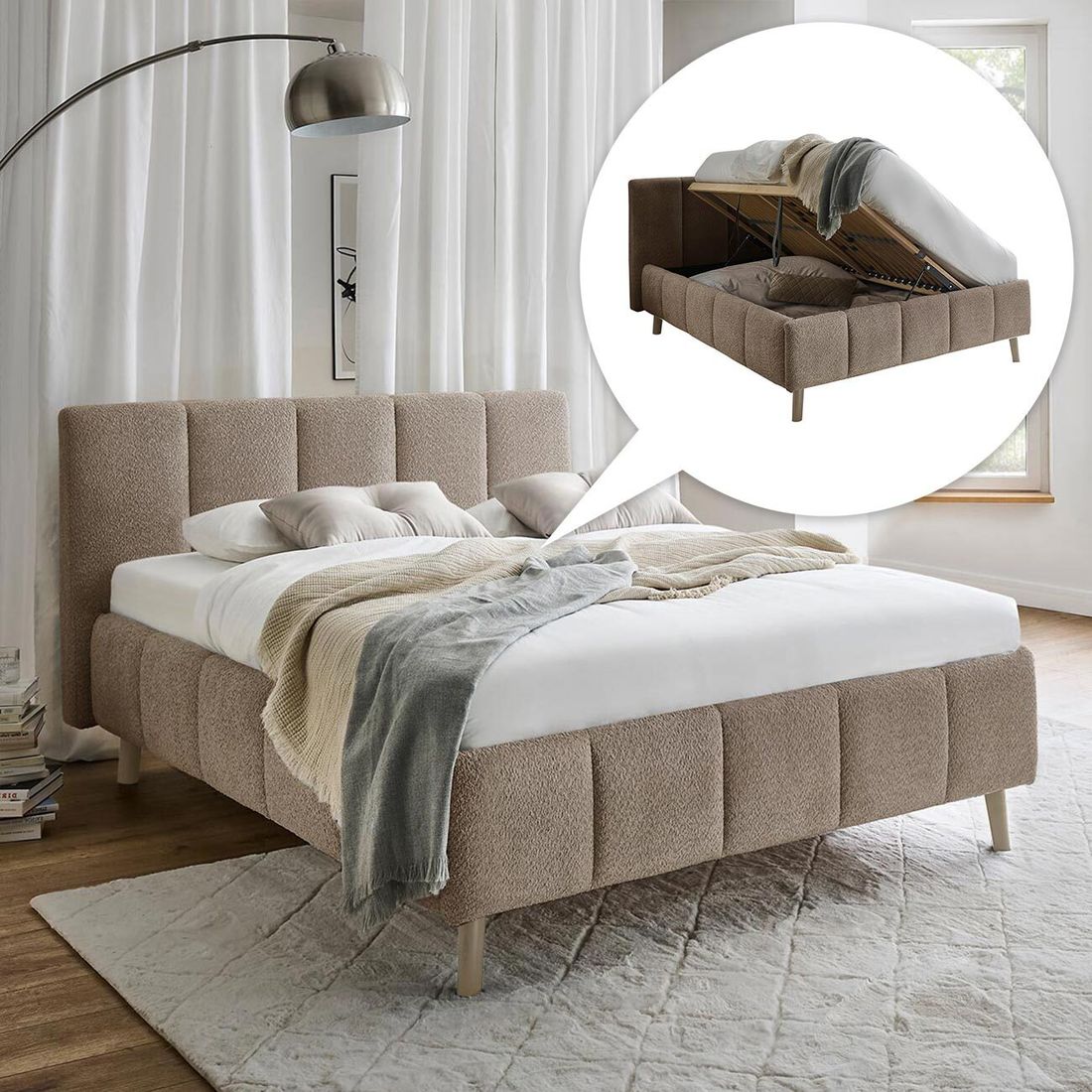 Polsterbett Malven Komfort Bouclé mit Bettkasten und Lattenrost