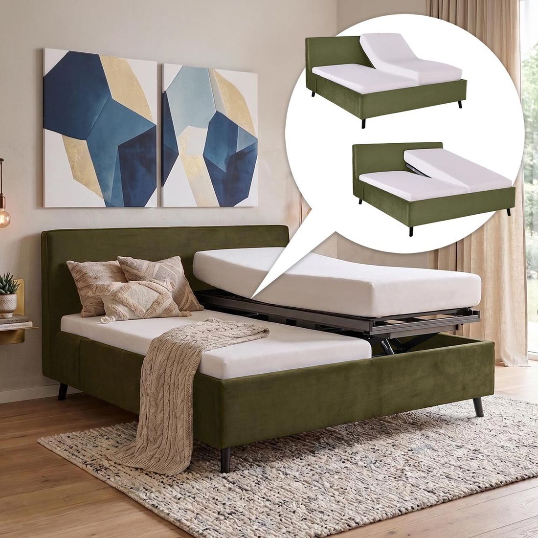 Polsterbett Thea Komfort Velours mit Pflegebett-Funktion und Lattenrost