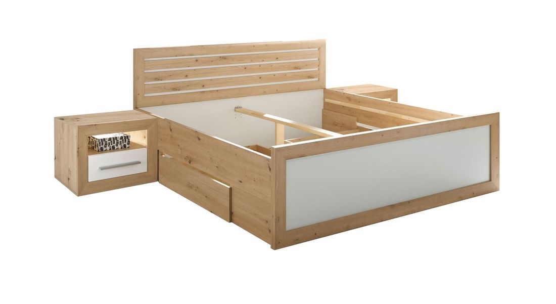 Bett Ermua Komfort Eiche Dekor mit Nachttischen, Beleuchtung und Schubkasten