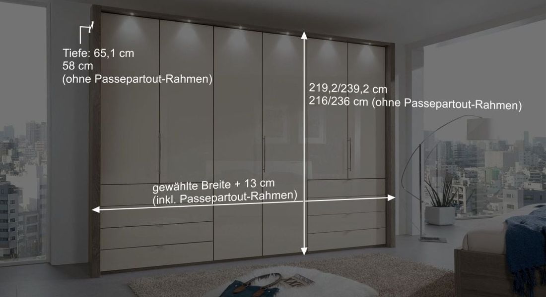 Falttüren-Kleiderschrank Tiko Eiche Dekor mit Glasfront und Schubladen