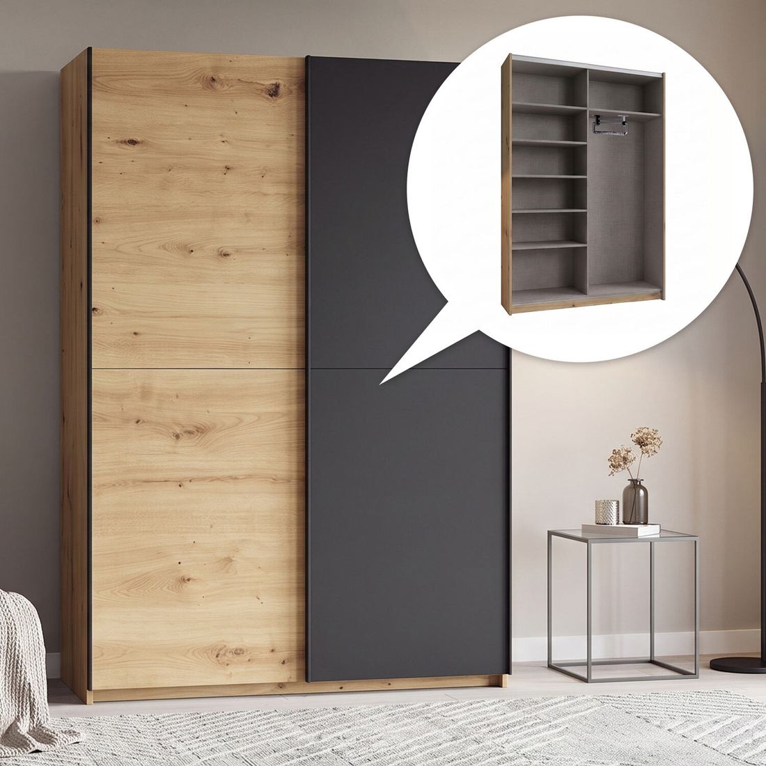 Schwebetüren-Kleiderschrank Nardo Eiche Dekor mit Innenausstattung 125x196cm
