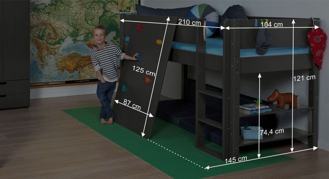 Mini-Hochbett Kids Town Buche teilmassiv mit Lattenrost und Kletterwand