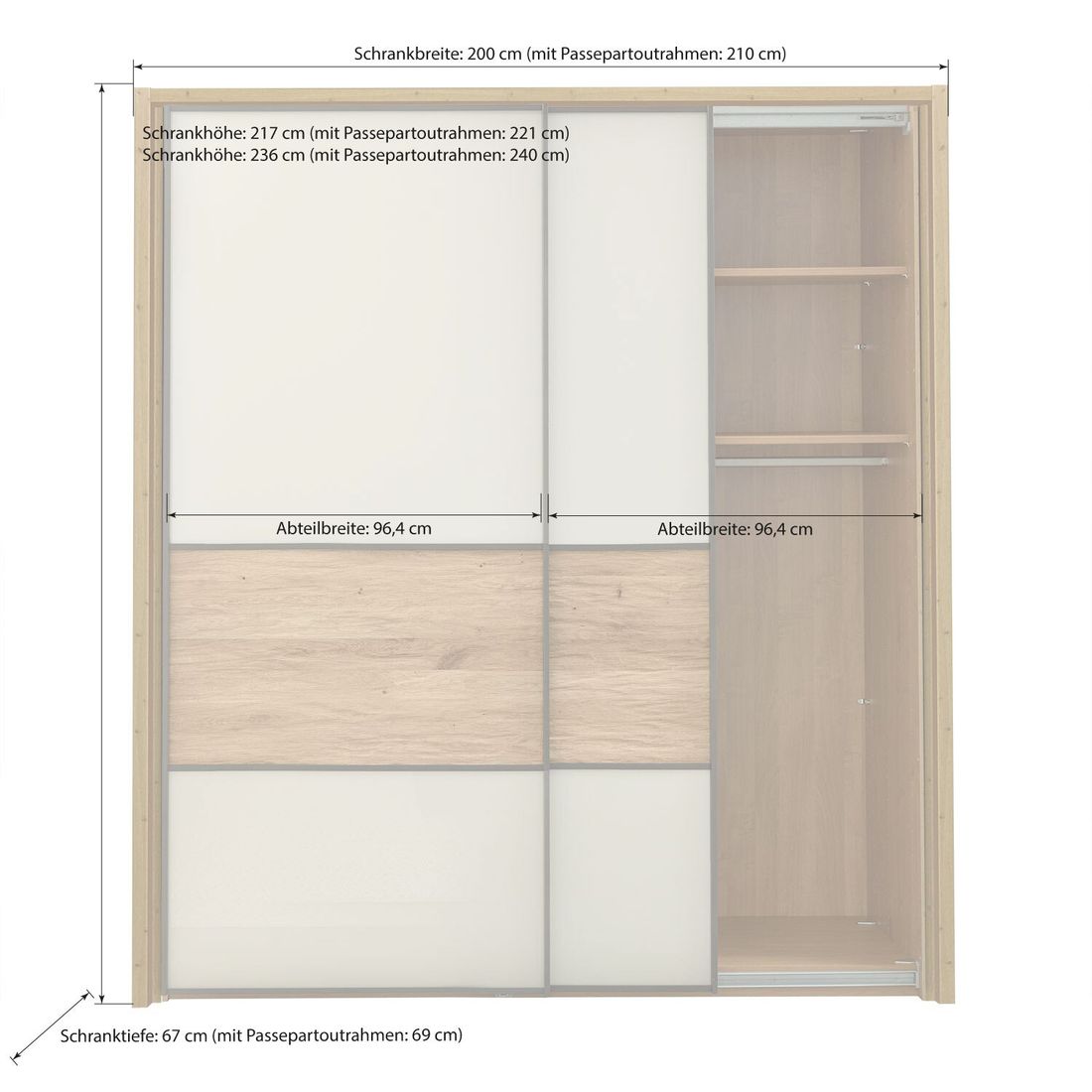 Interliving Schwebetüren-Kleiderschrank 1027 Eiche teilmassiv mit Glasfront