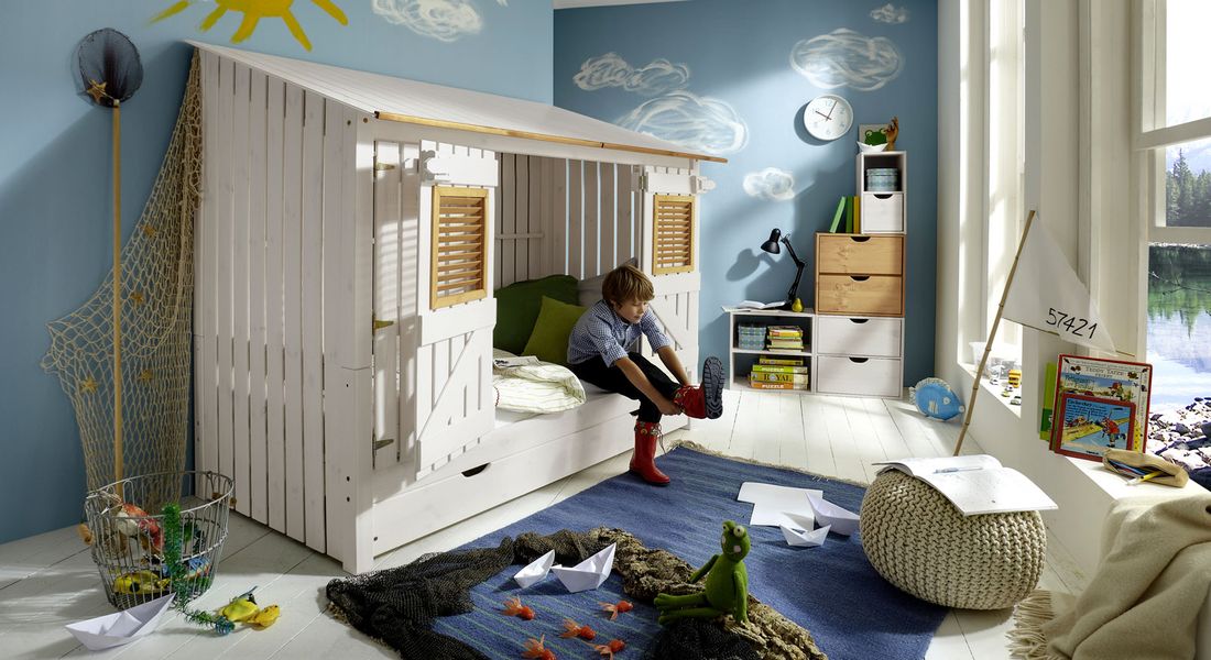 Hüttenbett Strandhaus Kiefer Massivholz mit Lattenrost