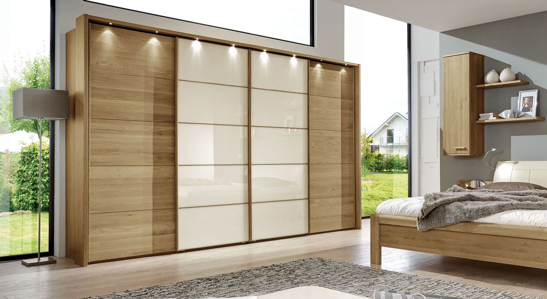 Schwebetüren-Kleiderschrank Praia Eiche teilmassiv mit Glasfront