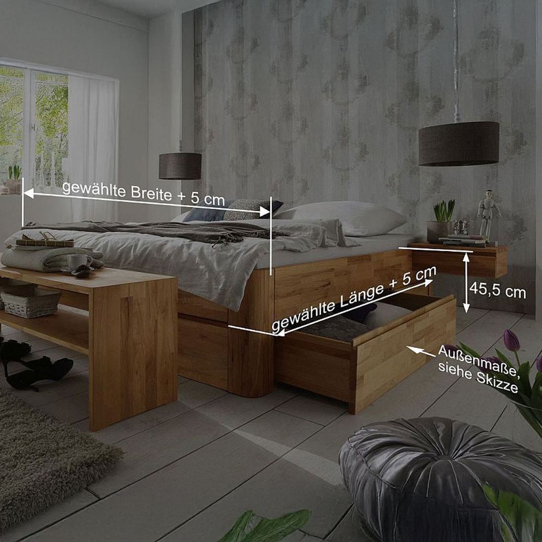 Bett Zarbo Komfort Kernbuche Massivholz ohne Kopfteil mit Schubkasten