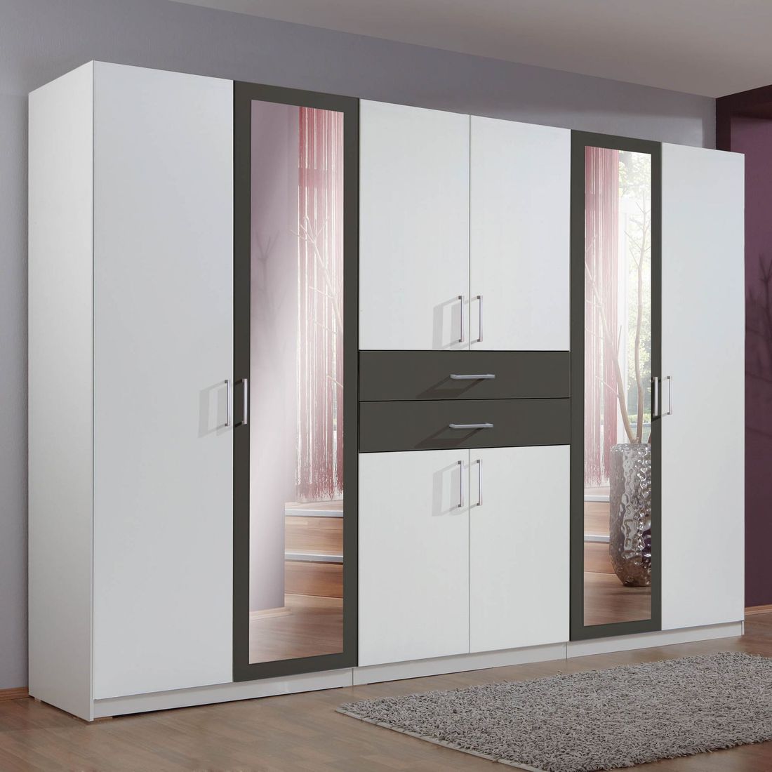Drehtüren-Kleiderschrank Draha mit Spiegel und Schubladen H 208cm