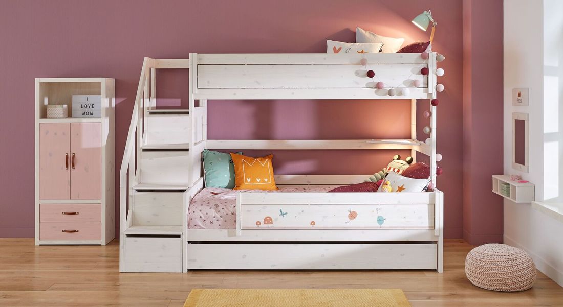LIFETIME Familienbett Original Kiefer Massivholz mit Lattenrost undTreppenmodul
