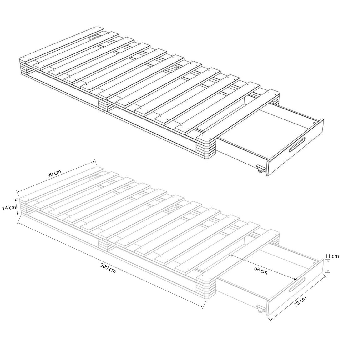 Palettenbett Ganta Kiefer Massivholz mit Schubkasten