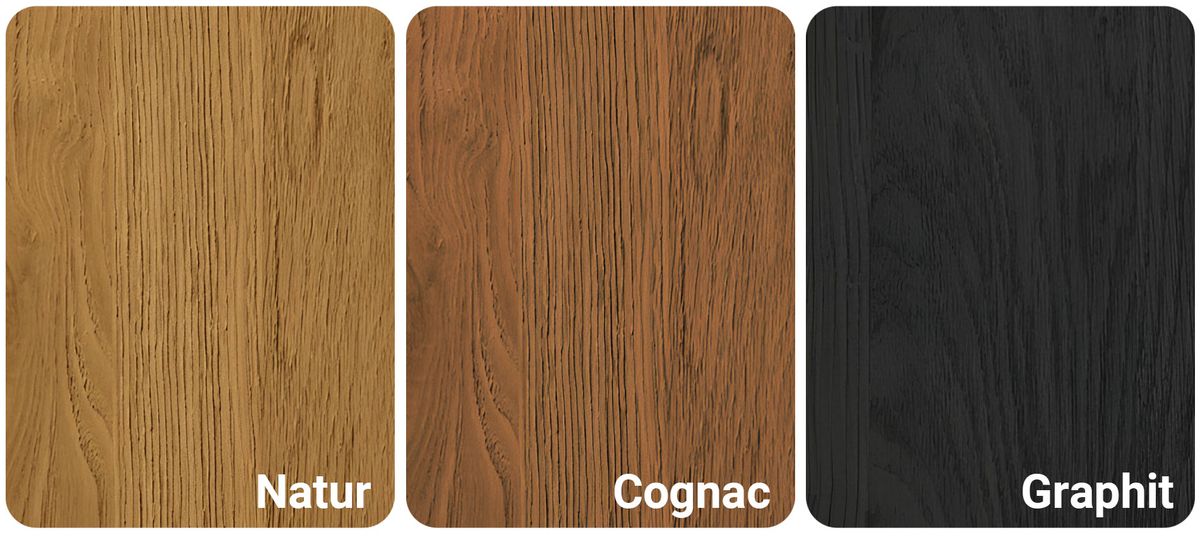 Drei Farbtöne: Natur, Cognac und Graphit