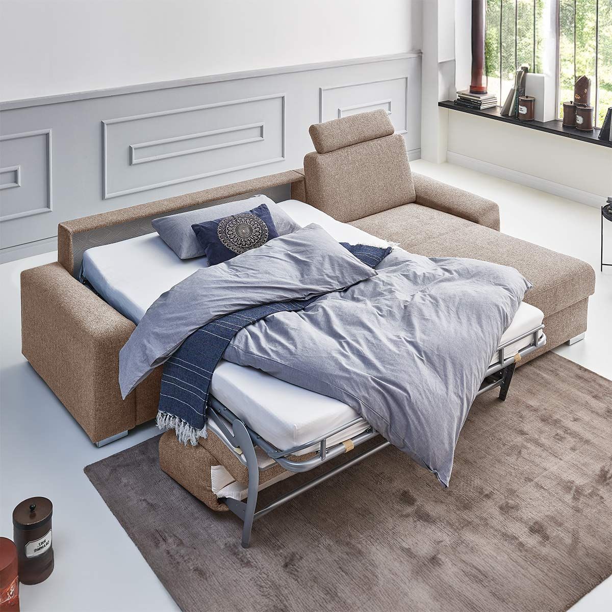 Eck-Schlafsofa Lelio Webstoff mit Lattenrost und Bettkasten Ottomane rechts