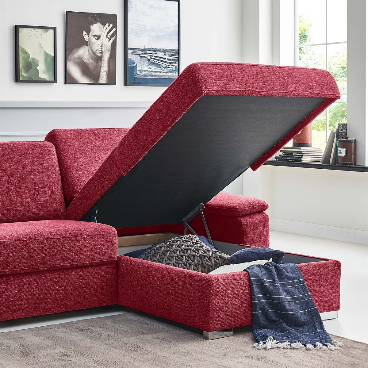 Eck-Schlafsofa Cesio Webstoff mit Lattenrost und Bettkasten Ottomane rechts