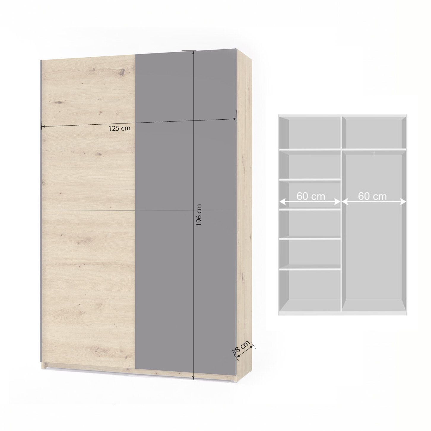 Schwebetüren-Kleiderschrank Nardo Eiche Dekor mit Innenausstattung 125x196cm