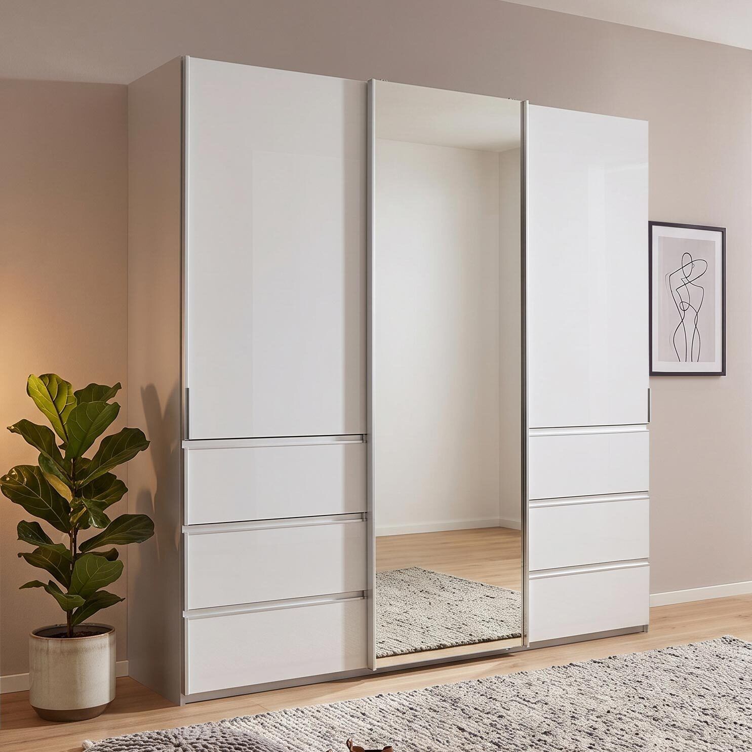 Schwebetüren-Kleiderschrank Tanaria mit Spiegel und Schubladen