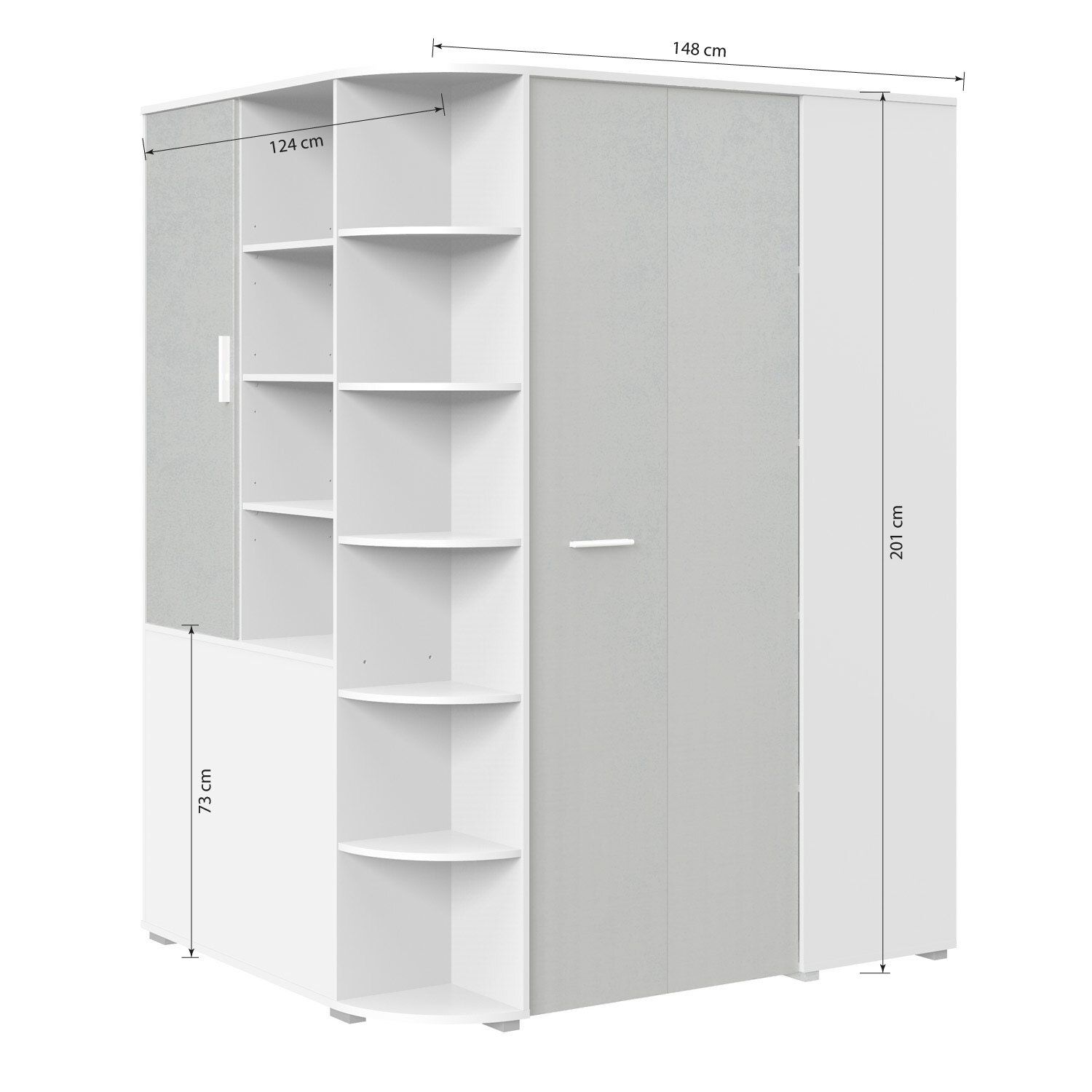 Eck-Kleiderschrank Porvenir begehbar mit Innenausstattung 124x201cm