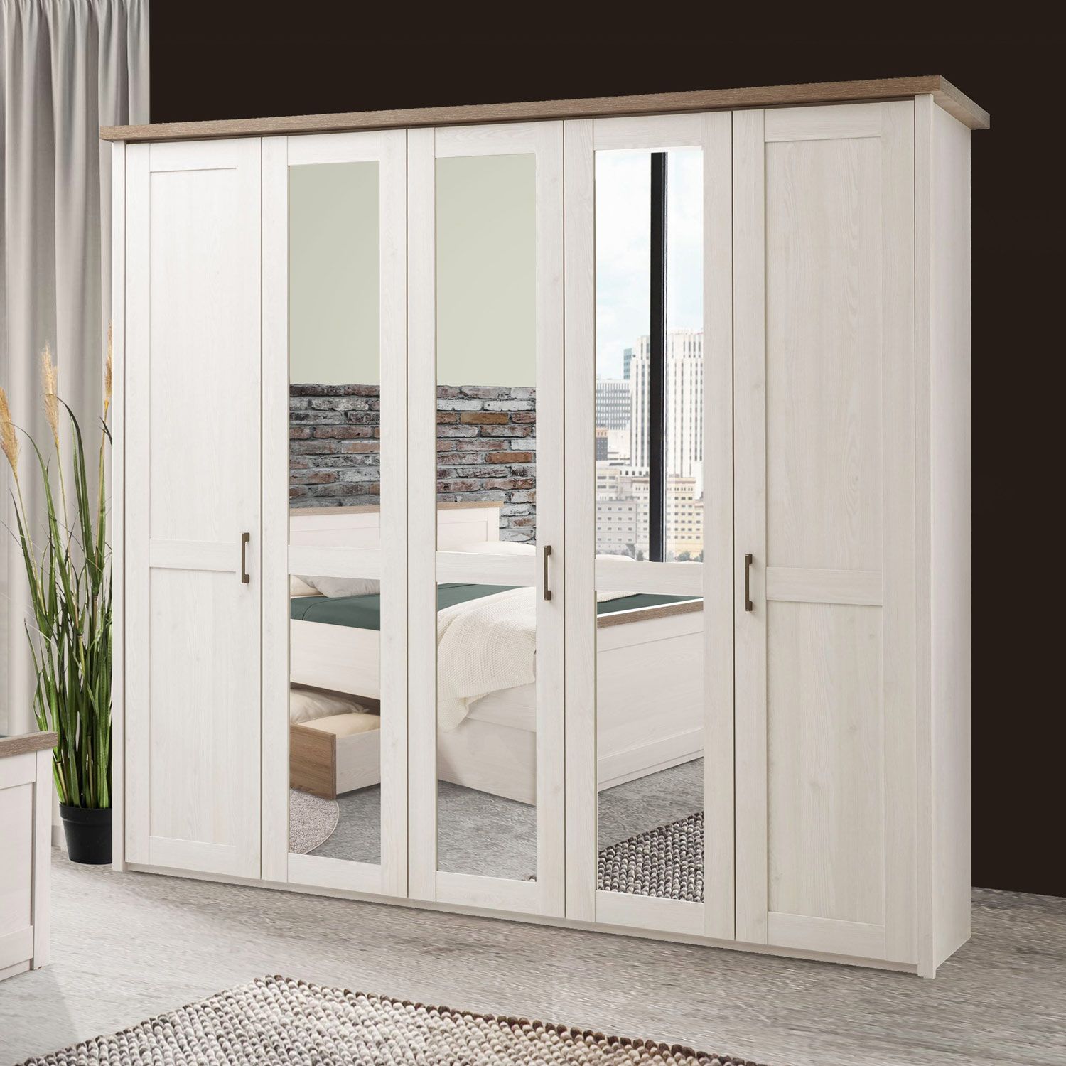 Drehtüren-Kleiderschrank Jordi Pinie Dekor mit Spiegel und Innenausstattung 241x212cm