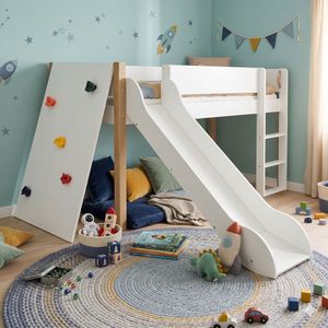 Mini-Hochbett Kids Town Buche teilmassiv mit Lattenrost, Rutsche und Kletterwand
