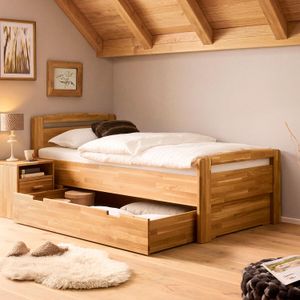 HOMELIV. Seniorenbett Luise Komfort Wildeiche Massivholz mit Schubkasten
