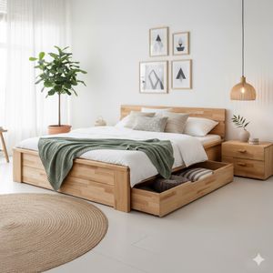 HOMELIV. Bett Tamira Komfort Kernbuche Massivholz mit Schubkasten