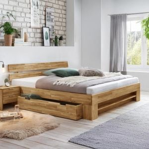 Bett Kanata Komfort Wildeiche Massivholz mit Schubkasten