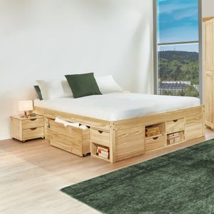 Doppelbett Oslo Komfort Kiefer Massivholz ohne Kopfteil mit Lattenrost und Schubkasten