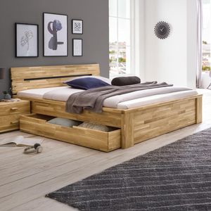 HOMELIV. Bett Sumak Komfort Wildeiche Massivholz mit Schubkasten