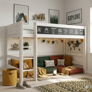 LIFETIME Midi-Hochbett Kreidetafel Kiefer Massivholz mit Lattenrost
