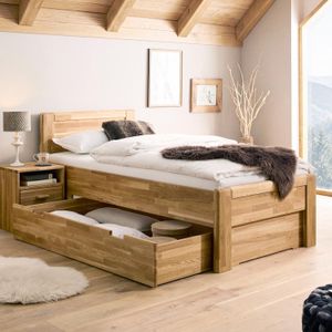 HOMELIV. Seniorenbett Ewen Komfort Wildeiche Massivholz mit Schubkasten