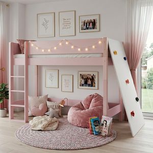 Midi-Hochbett Kids Town Color Buche teilmassiv mit Lattenrost und Kletterwand