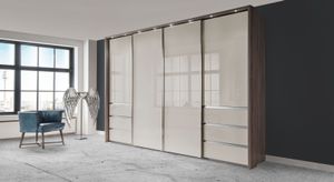 Schwebetüren-Kleiderschrank Tunica Eiche Dekor mit Glasfront und Schubladen