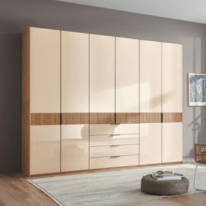 Drehtüren-Kleiderschrank Solya Eiche teilmassiv mit Glasfront und Schubladen