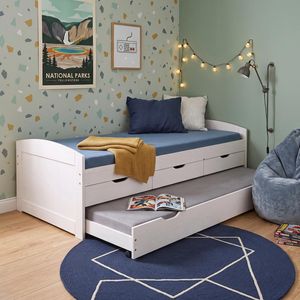 Ausziehbett Leon Kiefer Massivholz mit Lattenrost und Bettschublade 90x200cm