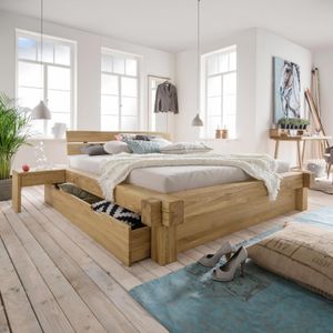 Balkenbett Doba Komfort Wildeiche Massivholz mit Schubkasten