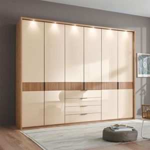 Drehtüren-Kleiderschrank Solya Eiche teilmassiv mit Glasfront und Schubladen