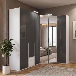 Eck-Kleiderschrank Bassiano mit Beleuchtung, Schubladen, Innenausstattung, Spiegel und Glasfront