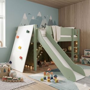 Mini-Hochbett Kids Town Color Buche teilmassiv mit Lattenrost, Rutsche und Kletterwand