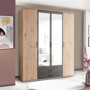 Drehtüren-Kleiderschrank Ponce Eiche Dekor mit Spiegel, Schubladen und Innenausstattung