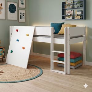 Mini-Hochbett Kids Town Buche teilmassiv mit Lattenrost und Kletterwand