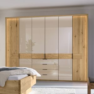 Musterring Drehtüren-Kleiderschrank San Francisco Eiche teilmassiv mit Schubladen und Glasfront Champagner