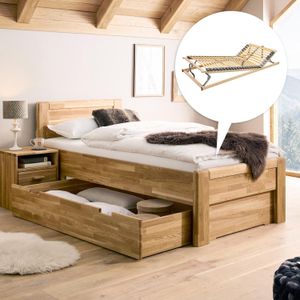 HOMELIV. Seniorenbett Ewen Komfort Wildeiche Massivholz mit Schubkasten