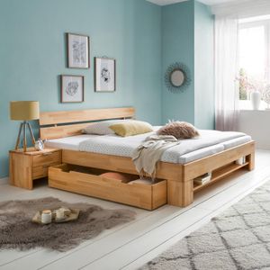 HOMELIV. Bett Valisia Komfort Kernbuche Massivholz mit Schubkasten