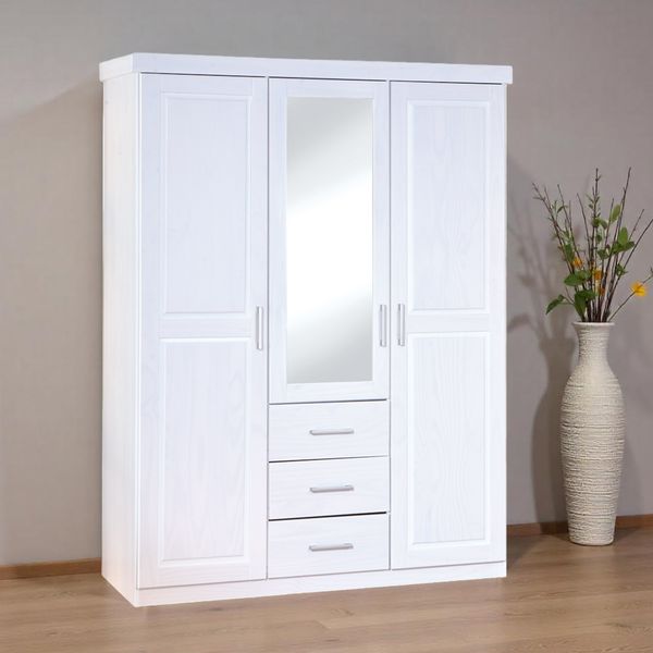 Drehtüren-Kleiderschrank Genf Kiefer Massivholz mit Spiegel und Schubladen 140,2x190cm